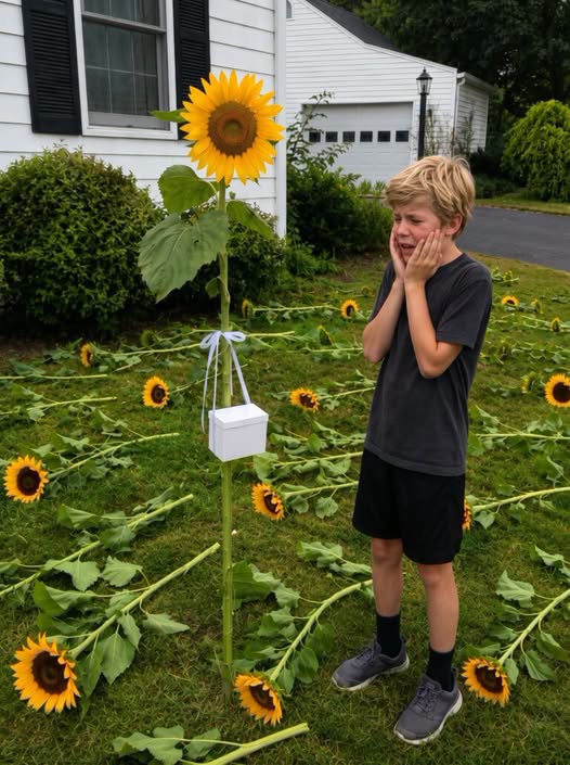 Cada año, mi hijo plantaba girasoles para su hermana gemela que nunca volvía a casa, hasta que una mañana encontramos todas las flores arrancadas y una caja blanca sellada esperándonos en medio del jardín.