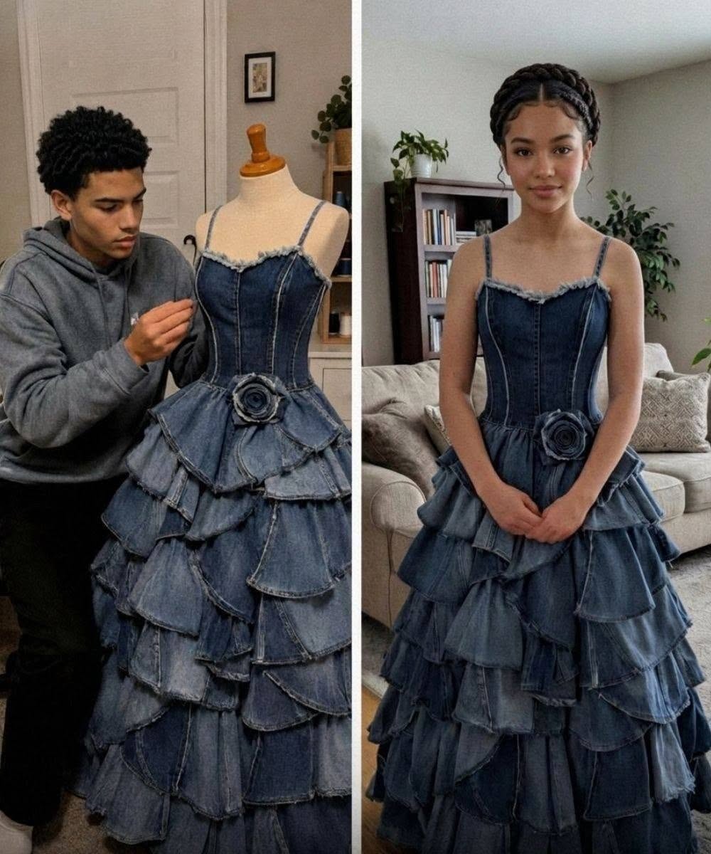 Mi madrastra se rió del vestido de graduación que mi hermano menor me cosió con los vaqueros de nuestra difunta madre, pero el karma ya la esperaba.